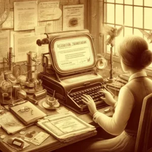 The image features a whimsical, sepia-toned scene where a woman sits at a vintage desk filled with paperwork and a classic computer. She is engaged in the online registration process for a micro-enterprise on an old-fashioned website. Key elements include a passport, a residence permit, and documents labeled “Registre du Commerce et des Sociétés,” emphasizing the business registration context. The setting is richly detailed with hints of artistic and scientific tools, adding depth to the business-oriented theme.