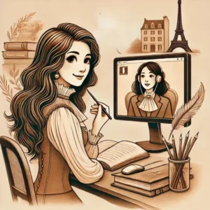 Support in English for Business Creation," featuring Kathryn Smyth conducting a virtual business training session. The setting is cozy and professional, with Kathryn at her desk engaging with a client over a computer, surrounded by books and elements that symbolize the French business system. This image captures the personalized support offered by Les Plumes Fantastiques.