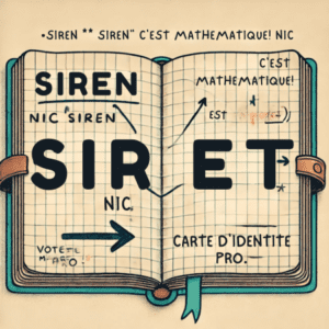 Illustration rétro d'un carnet ouvert montrant la composition du SIRET avec les mots "SIREN" et "NIC" reliés par des flèches.