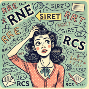 Illustration humoristique d'une femme tirant ses cheveux, entourée de termes comme RNE, SIRET, et RCS, symbolisant la confusion face aux identifiants d'entreprise