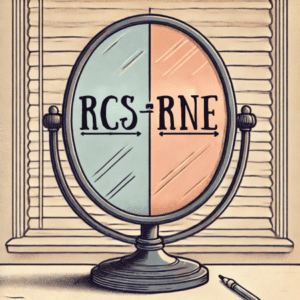 Illustration rétro montrant un miroir reflétant les mots RCS et RCS, symbolisant la différence entre les deux