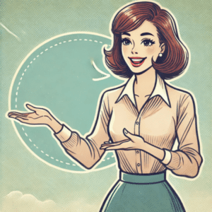Illustration rétro d'une femme souriante et confiante expliquant calmement les différences entre RNE - SIRET - RCS à un interlocuteur.