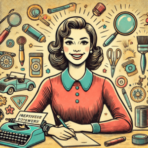 Illustration rétro d'une femme prête à répondre, assise à un bureau avec tous les outils nécessaires pour bien répondre RNE - SIRET - RCS
