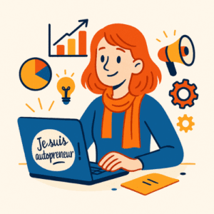 Illustration colorée représentant une femme rousse stylisée en train de lire le livre “Je suis autoentrepreneur”, entourée de pictogrammes évoquant l’univers de la micro-entreprise, de la créativité et des démarches administratives.