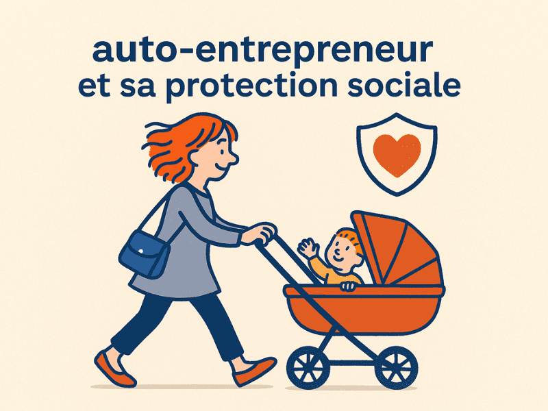 Femme autoentrepreneure poussant une poussette avec ses enfants, symbolisant la conciliation entre activité indépendante et protection sociale, notamment maternité.