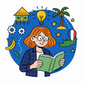 Femme rousse lisant un livre, entourée de symboles d’outre-mer et de connaissances, illustrant la richesse d’informations du guide “Je suis autoentrepreneur”, y compris pour les territoires ultramarins.