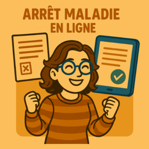Illustration d’une femme réjouie devant un arrêt maladie validé en ligne, version 2025