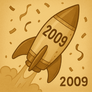 Illustration rétro d’une fusée vintage symbolisant le lancement fulgurant du régime auto-entrepreneur en 2009.