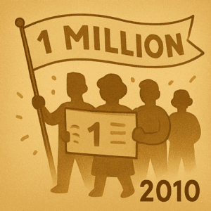 llustration rétro de silhouettes portant une banderole « 1 million » pour célébrer le cap symbolique des inscriptions auto-entrepreneur en 2010.