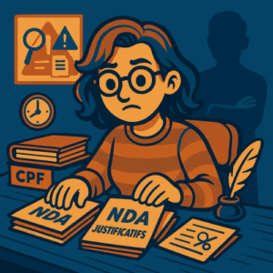 Illustration vintage avec avatar autoentrepreneur contrôlée sur son NDA CPF