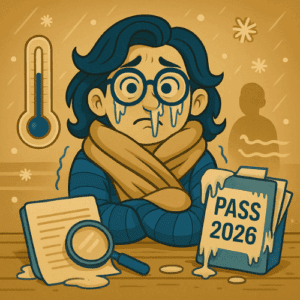 Avatar emmitouflé gelé pour illustrer l’année blanche budgétaire 2026.