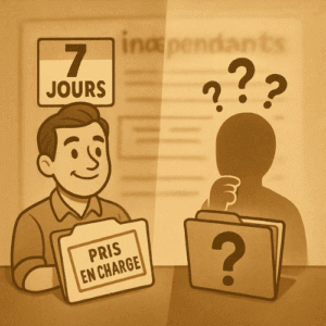Illustration vintage d’un salarié protégé par un délai de carence et d’un indépendant dans le flou juridique, sans mention dans la loi.