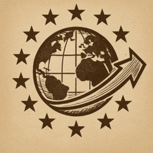 Illustration sepia d’un globe ancien entouré d’étoiles européennes et d’une flèche, pour l’Europe et la convergence réglementaire
