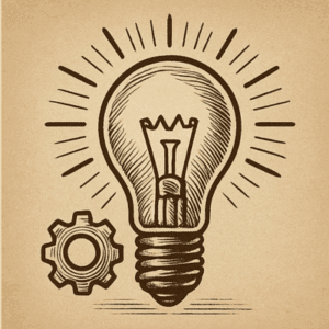 Illustration sepia d’une ampoule allumée avec un engrenage, représentant l’idéologie libérale et la méritocratie