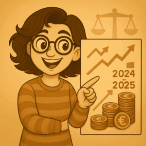 avatar qui pointe une feuille avec des chiffres, des flèches et des euros, illustrant l’équilibre fragile du régime auto-entrepreneur en 2024-2025.