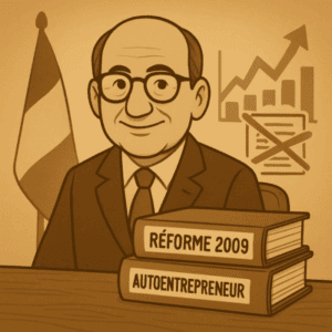 Silhouette d’un ministre en costume devant des dossiers marqués Réforme 2009 Autoentrepreneur.