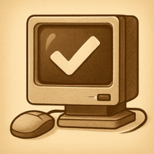 Illustration sepia vintage d’un ordinateur rétro avec un symbole check pour illustrer le régime de rupture 100 % en ligne sans guichet.