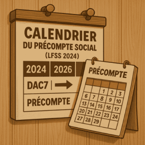 Illustration vintage d’un calendrier encadré de textes juridiques symbolisant les étapes clés du précompte social entre plateformes et URSSAF, selon la loi LFSS 2024.