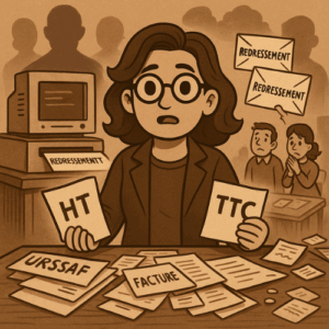 Illustration vintage d'une experte indépendante lisant un document sur la déclaration DAC7 dans un contexte administratif européen