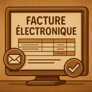 Illustration vintage représentant une facture électronique affichée sur un écran d’ordinateur avec des icônes de validation et d’envoi, symbolisant la réforme de la facturation obligatoire à partir de 2027.