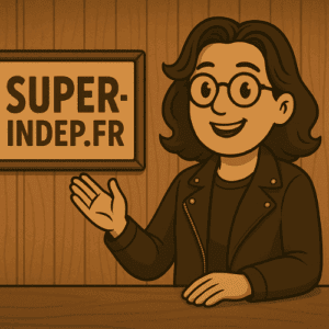 Illustration vintage en sépia d'une femme souriante saluant devant un panneau "SUPERINDEP.FR", en hommage au travail de Superindep.