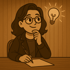 Illustration vintage d'une femme aux lunettes réfléchissant et trouvant une idée, symbolisée par une ampoule, illustrant l’émergence d’une solution inspirée du précompte des artistes-auteurs pour résoudre les écarts URSSAF-plateformes.