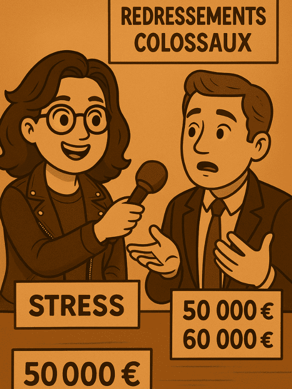 Illustration vintage d'une femme interviewant un expert sur les redressements URSSAF des autoentrepreneurs, représentant le stress lié aux régularisations excessives.