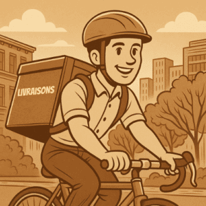 Illustration vintage d’un livreur à vélo en pleine tournée, symbolisant la mise en place du précompte social entre plateformes comme Uber ou Deliveroo et l’URSSAF, évitant les erreurs de déclaration.