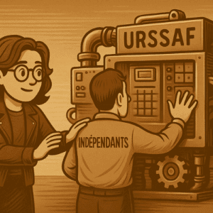Illustration vintage en sépia montrant un travailleur indépendant, seul face à une immense machine administrative symbolisant les démarches complexes de l’URSSAF, illustrant le besoin de protection avant 2027.