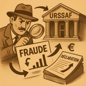 Illustration vintage en sépia représentant une machine administrative automatisée analysant et comparant des données fiscales et sociales, symbolisant le croisement des informations entre l’URSSAF et la DGFIP pour détecter des écarts de déclaration.