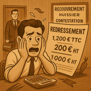 Illustration vintage représentant un autoentrepreneur stressé face à une lettre administrative, symbolisant les redressements automatiques de l’URSSAF déclenchés par des écarts artificiels de TVA.