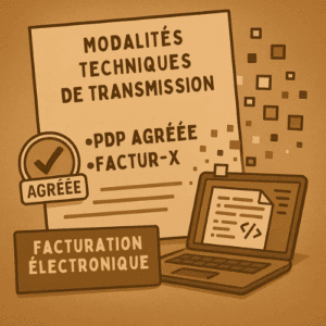 Illustration vintage représentant la transmission électronique des factures via une plateforme de dématérialisation partenaire (PDP), mettant en scène une interface numérique conforme au format Factur-X, symbolisant la réforme bénéfique pour les indépendants.