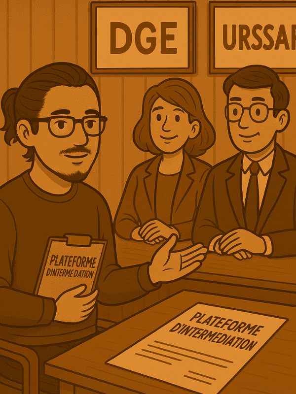 Illustration vintage représentant trois personnes en réunion dans un bureau administratif, évoquant les démarches engagées par des acteurs pour alerter sur les effets de la directive DAC7 sur les autoentrepreneurs.