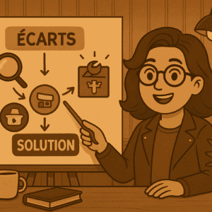 Illustration vintage d'une femme expliquant des solutions sur un tableau face à un public attentif, représentant la recherche de solutions concrètes aux écarts entre plateformes et URSSAF pour les indépendants.