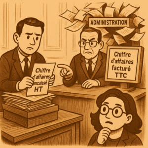 Illustration vintage représentant un indépendant perplexe face à des données fiscales divergentes, symbolisant les écarts entre les déclarations URSSAF et les chiffres issus de la directive DAC7