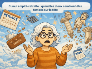 avatar aux cheveux blancs surpris par la chute des règles du cumul emploi-retraite 2026 avec retraite, travail et décrets qui tombent du ciel
